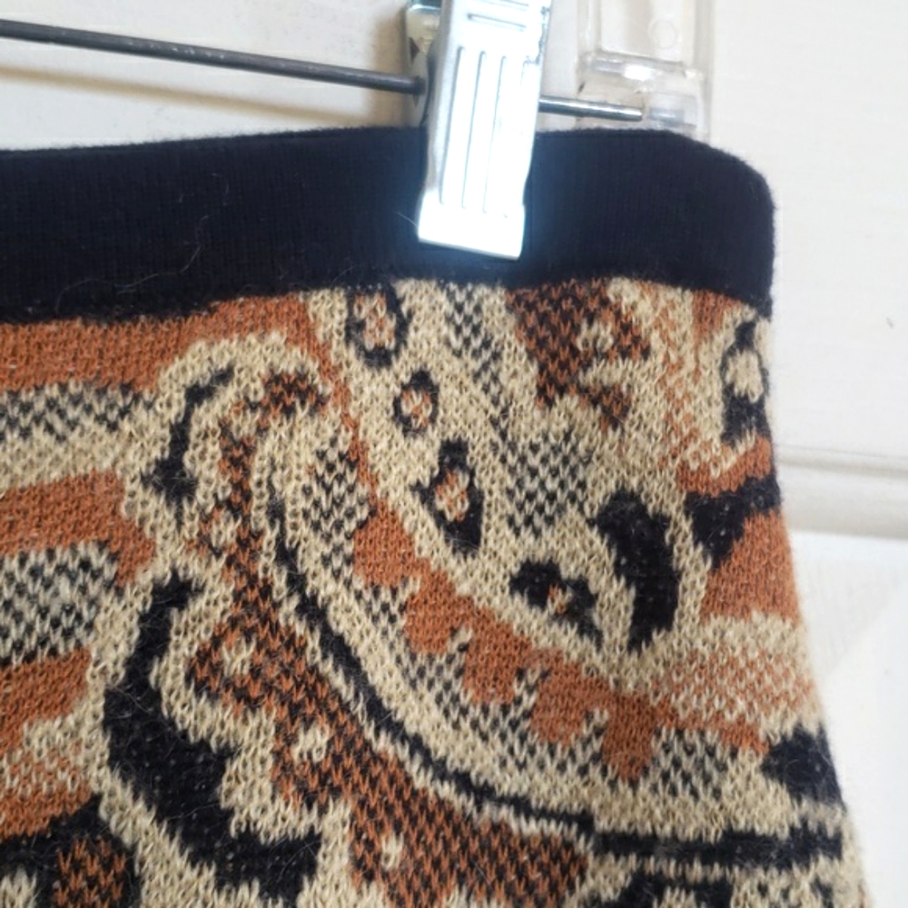 Anthropologie SPARROW Sweater Knit Skirt Abstract Forest Print Navy Tan Mustard - Picture 7 of 10